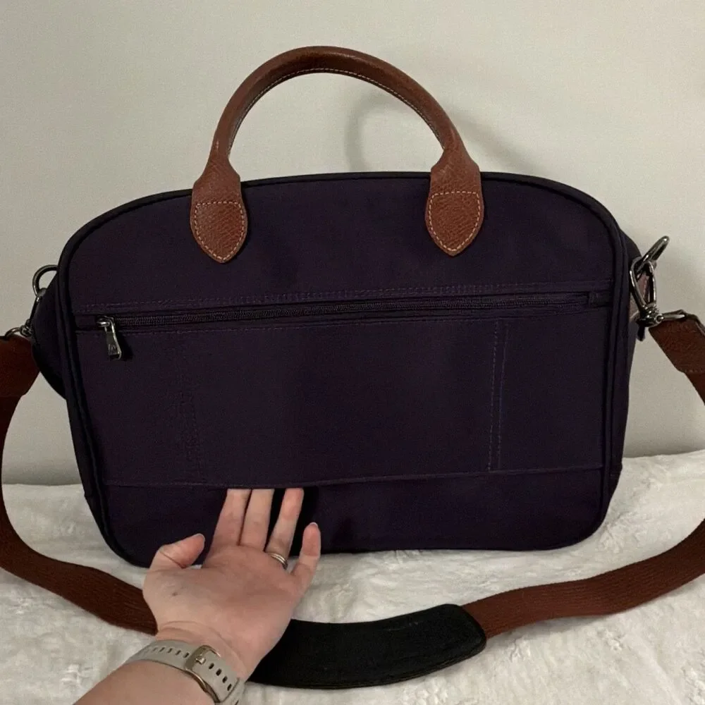 Longchamp Le Pliage Purple Nylon Briefcase Brown Leather Trim Shoulder Strap